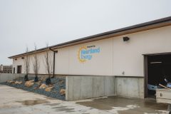 Storage building with Heartland logo