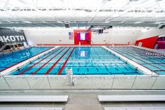 Overhead of large indoor competition pool.