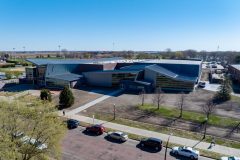 Exterior, overhead shot of large building