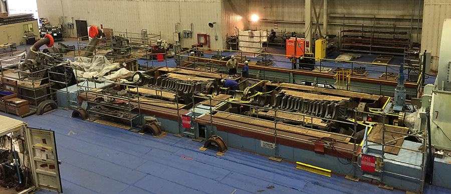 Laramie River Station Unit 1 steam turbine disassembled for inspection and repairs.