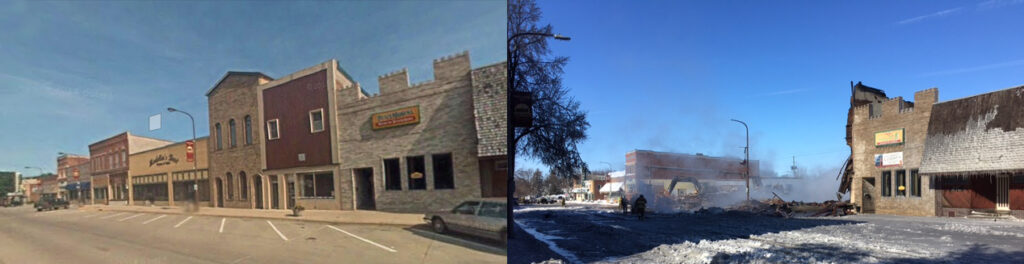 Side-by-side comparison of downtown Madelia before and after the fire.