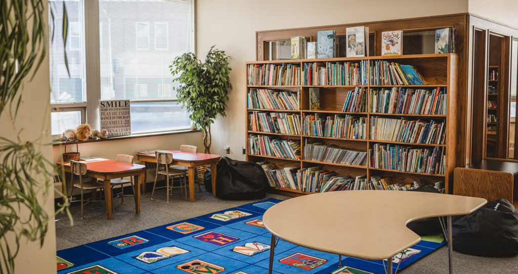 bookshelves and tables